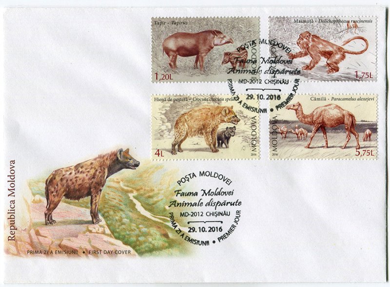 Конверты почтовой службы Республики Молдова с марками первого гашения, на которых изображены ископаемый большерогий олень и млекопитающие животные