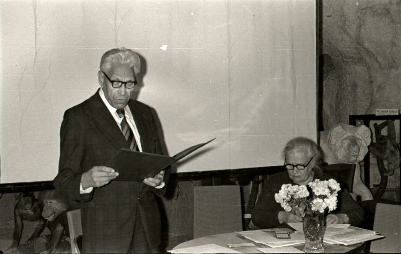 Зоолог С. К. Клумов выступает на заседании учёного совета, посвящённом 70-летию музея. Архив ГДМ