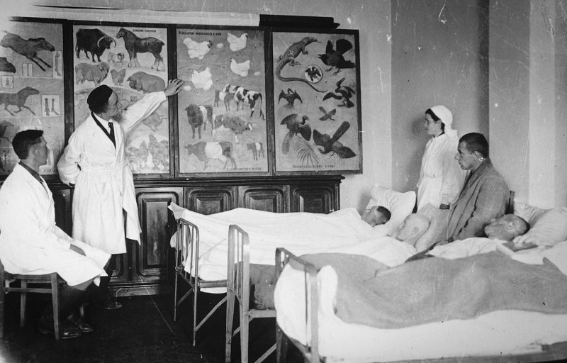 Проф. А.Ф. Котс рассказывает раненым бойцам об искусственном отборе 1941-1944 гг